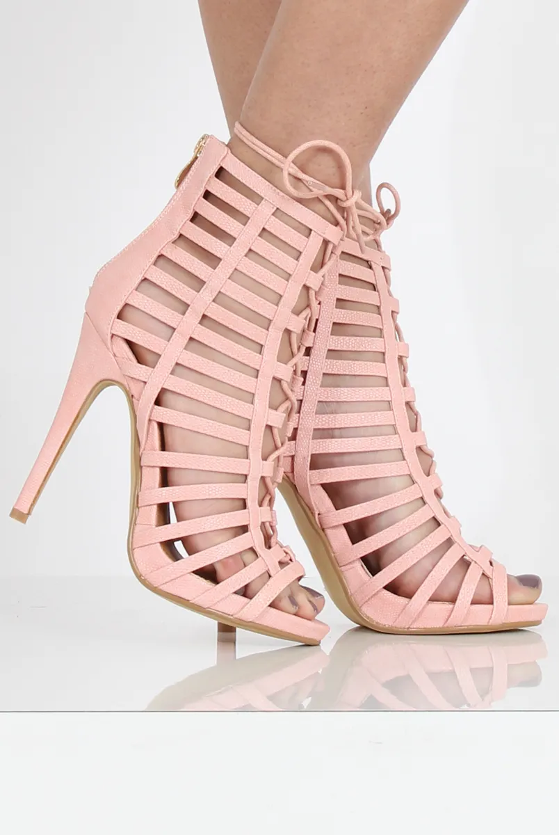 Feminine Pink Caged Lace-Up Heels - Jane