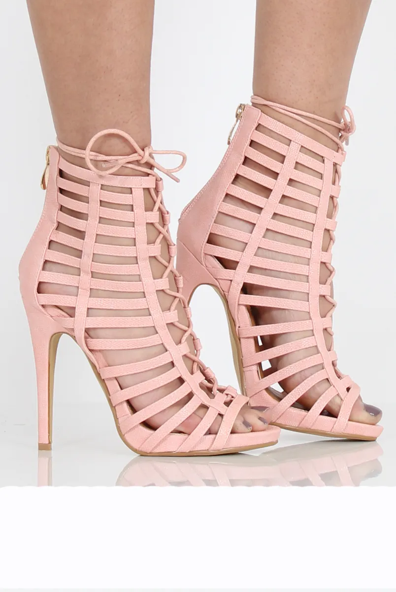 Feminine Pink Caged Lace-Up Heels - Jane