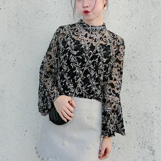 Floral Embroidery Lace Blouse with Translucent Butterfly Sleeves