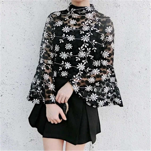 Floral Embroidery Lace Blouse with Translucent Butterfly Sleeves