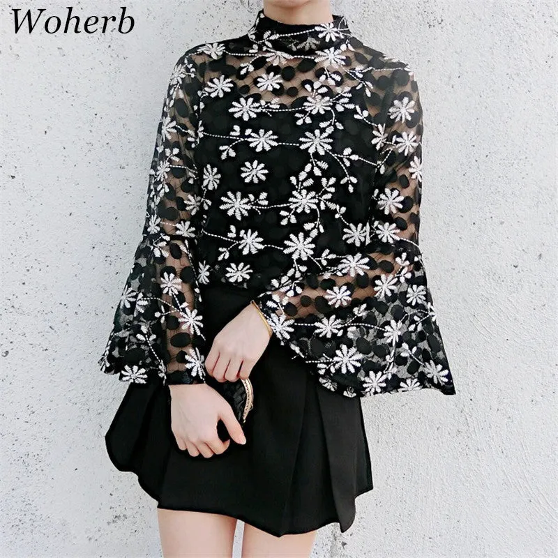 Floral Embroidery Lace Blouse with Translucent Butterfly Sleeves