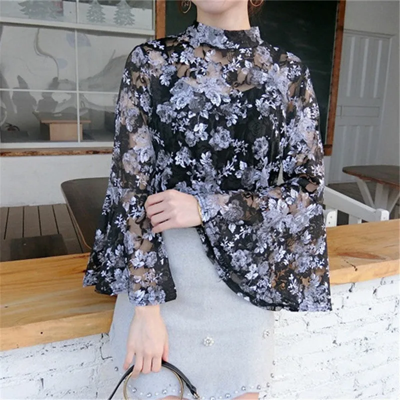 Floral Embroidery Lace Blouse with Translucent Butterfly Sleeves