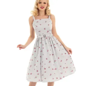 Blue Grey Pin Stripe Floral Print Strappy Rockabilly Swing Dress