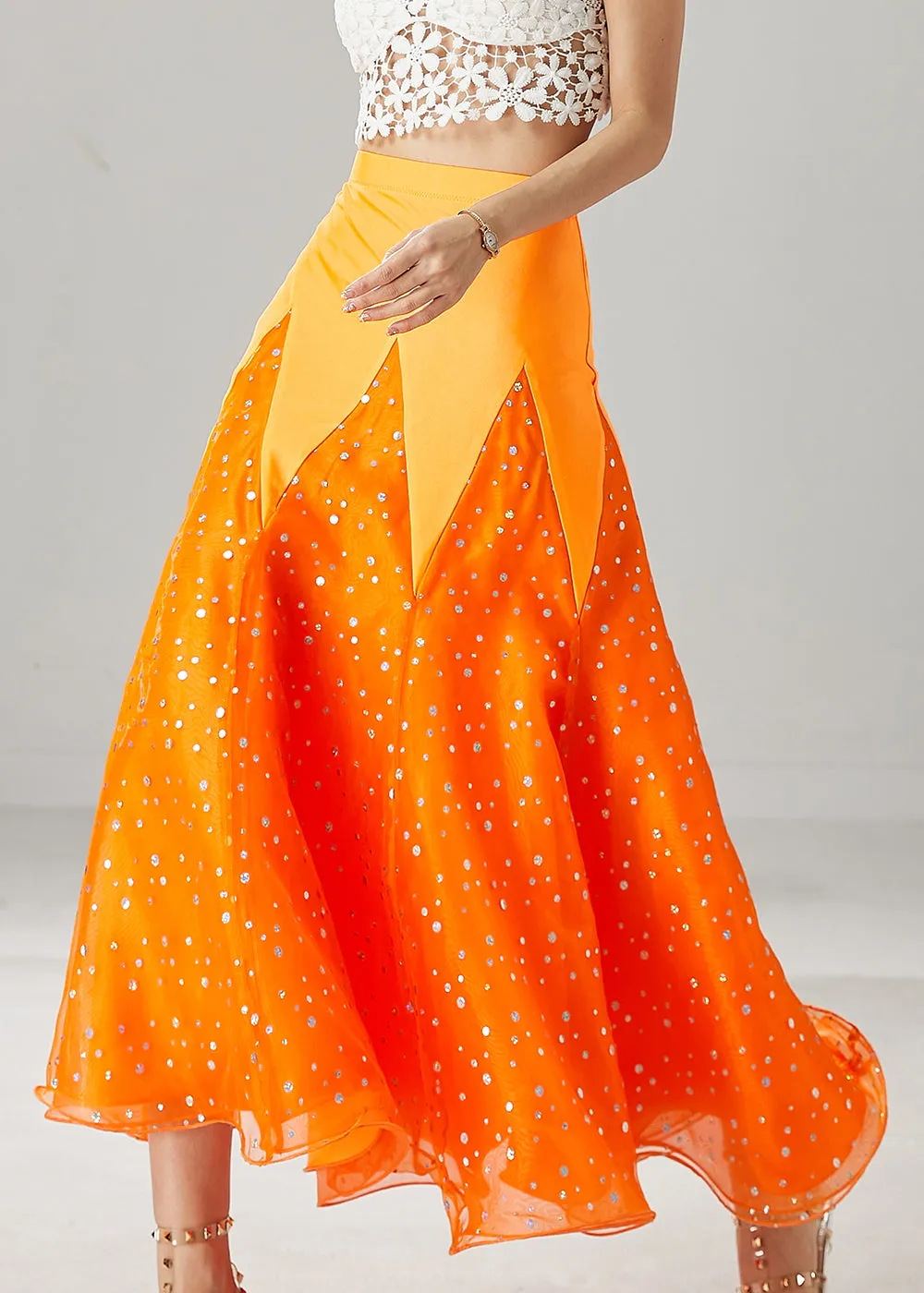 French Orange Slim Fit Patchwork Zircon Spring Tulle Skirts