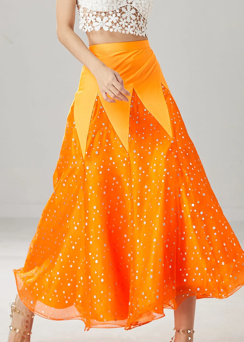 French Orange Slim Fit Patchwork Zircon Spring Tulle Skirts