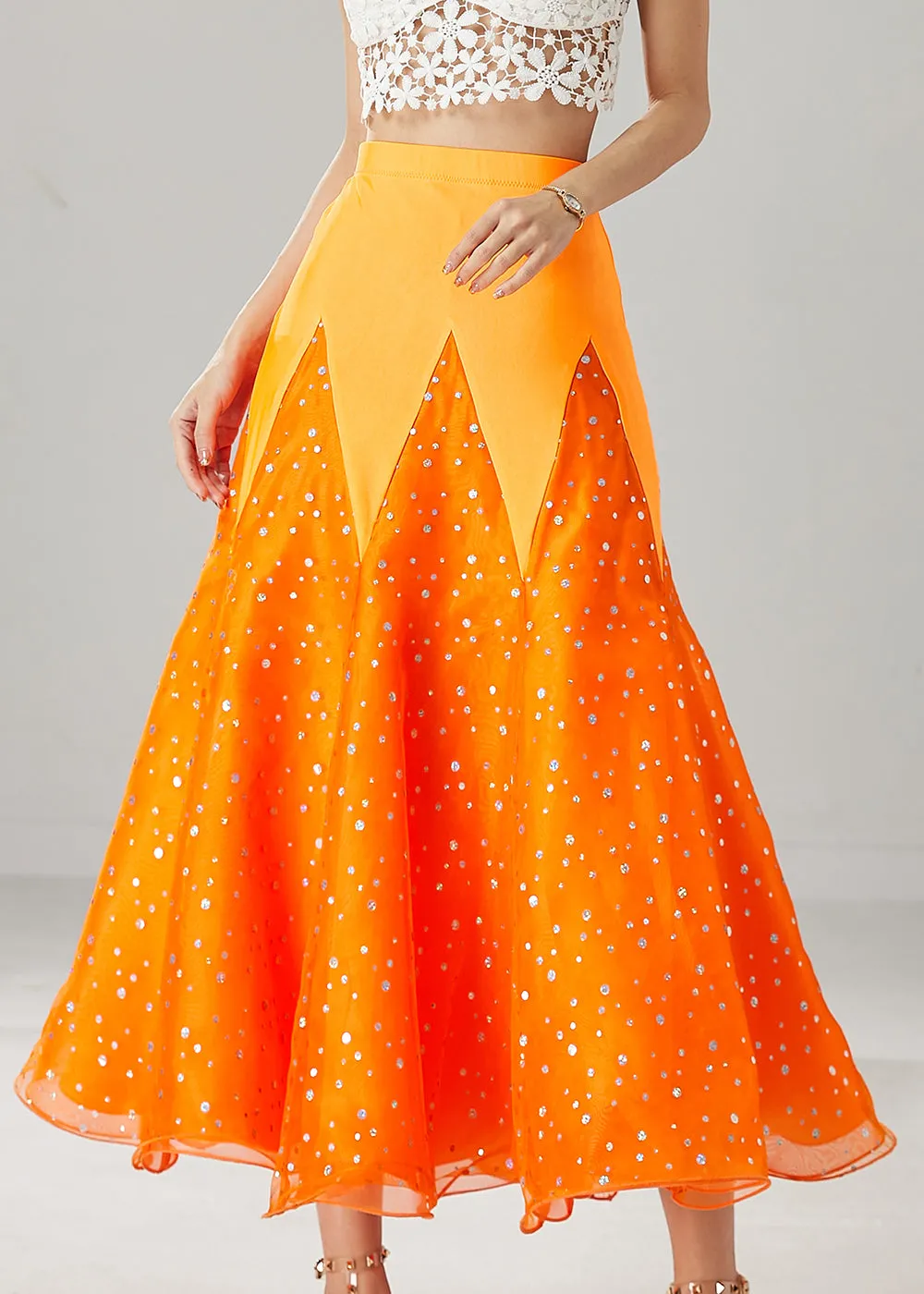 French Orange Slim Fit Patchwork Zircon Spring Tulle Skirts