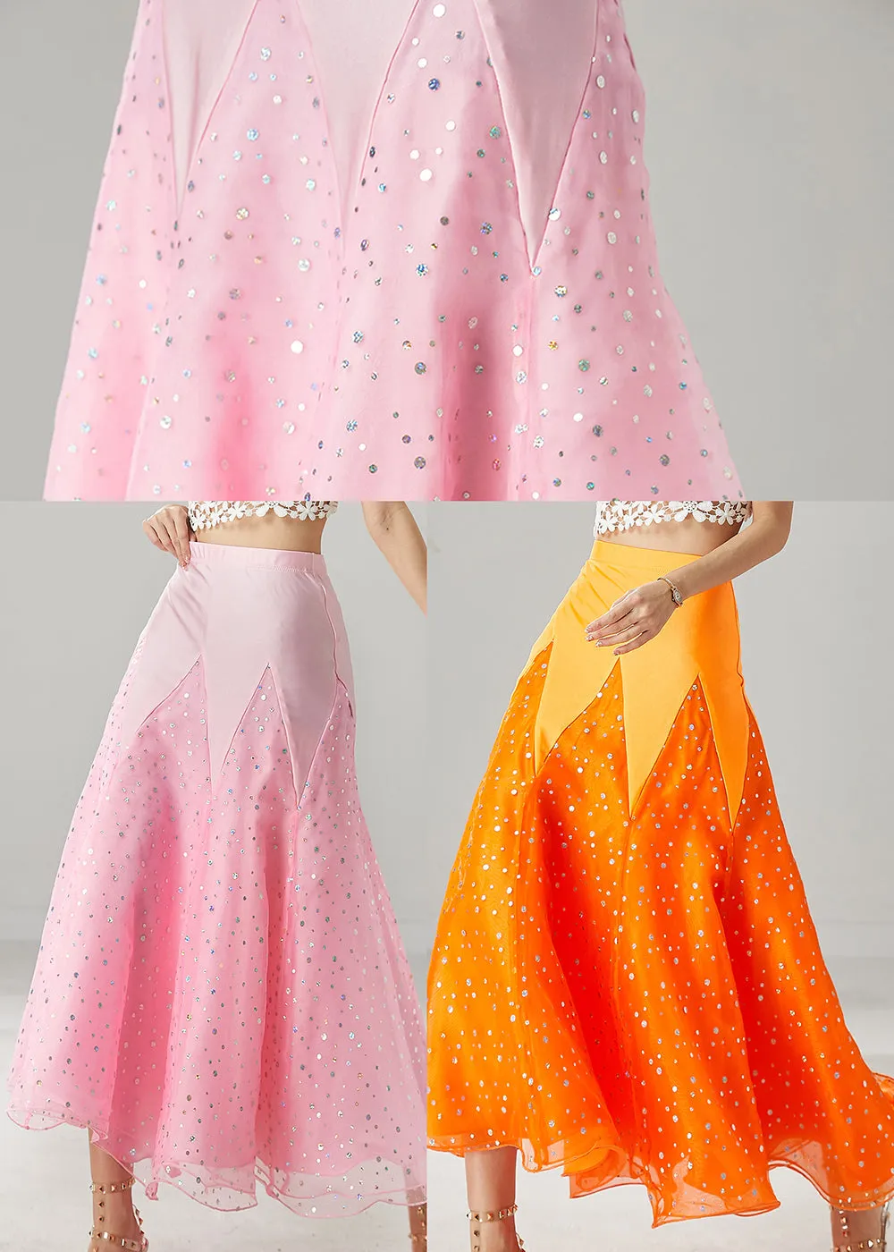 French Orange Slim Fit Patchwork Zircon Spring Tulle Skirts