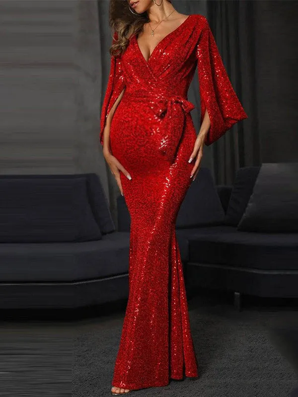 Sequin Belt Print V-Neck Long Sleeve Evening Maternity Maxi Dress