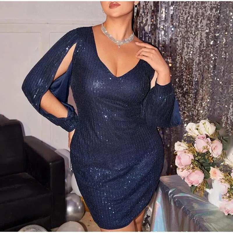 V Neck Hollow Out Long Sleeve Mini Dress with Glitter Sequins for Women