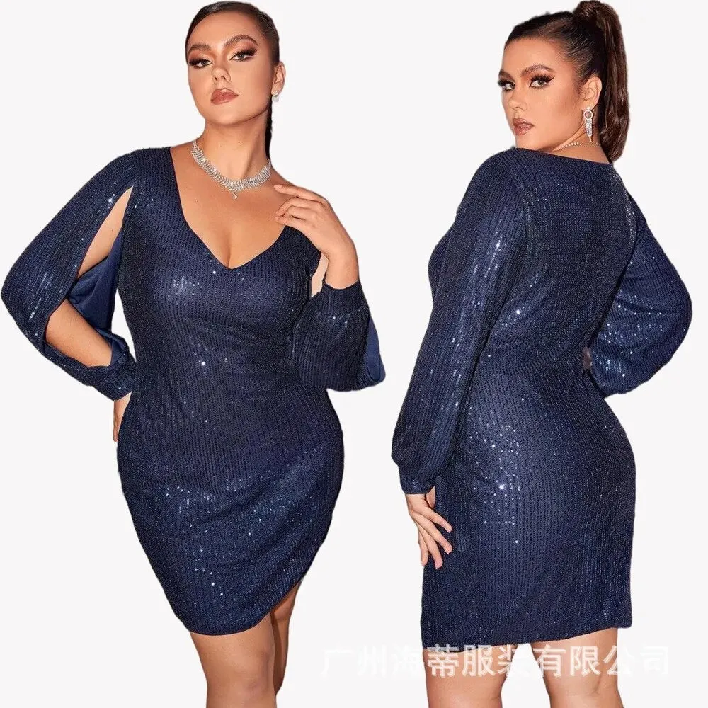 V Neck Hollow Out Long Sleeve Mini Dress with Glitter Sequins for Women