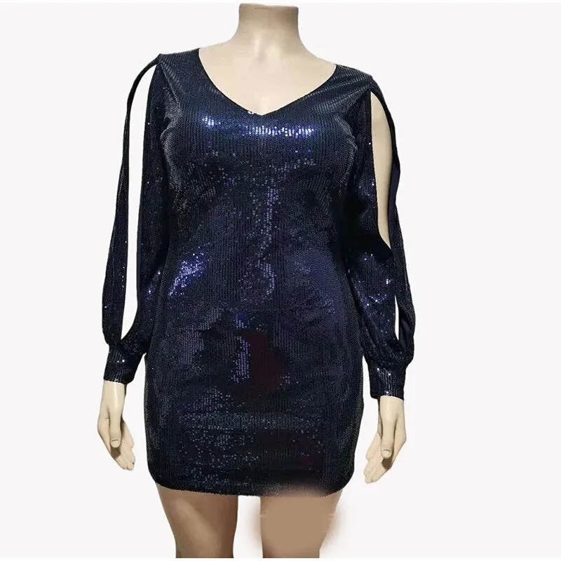 V Neck Hollow Out Long Sleeve Mini Dress with Glitter Sequins for Women