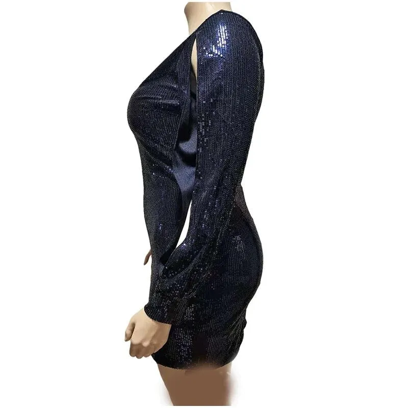 V Neck Hollow Out Long Sleeve Mini Dress with Glitter Sequins for Women