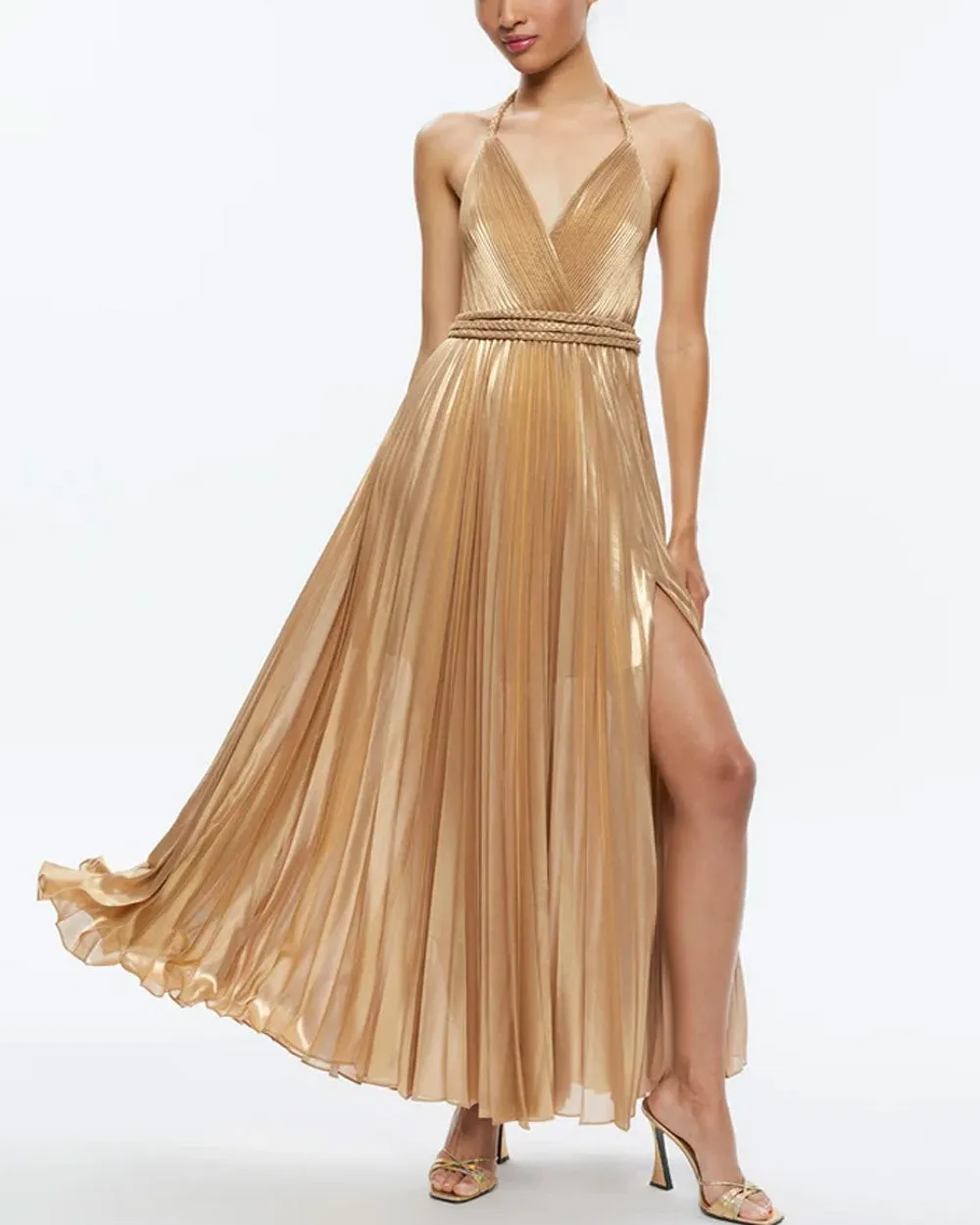 Maxi Dress with Gold Pleats