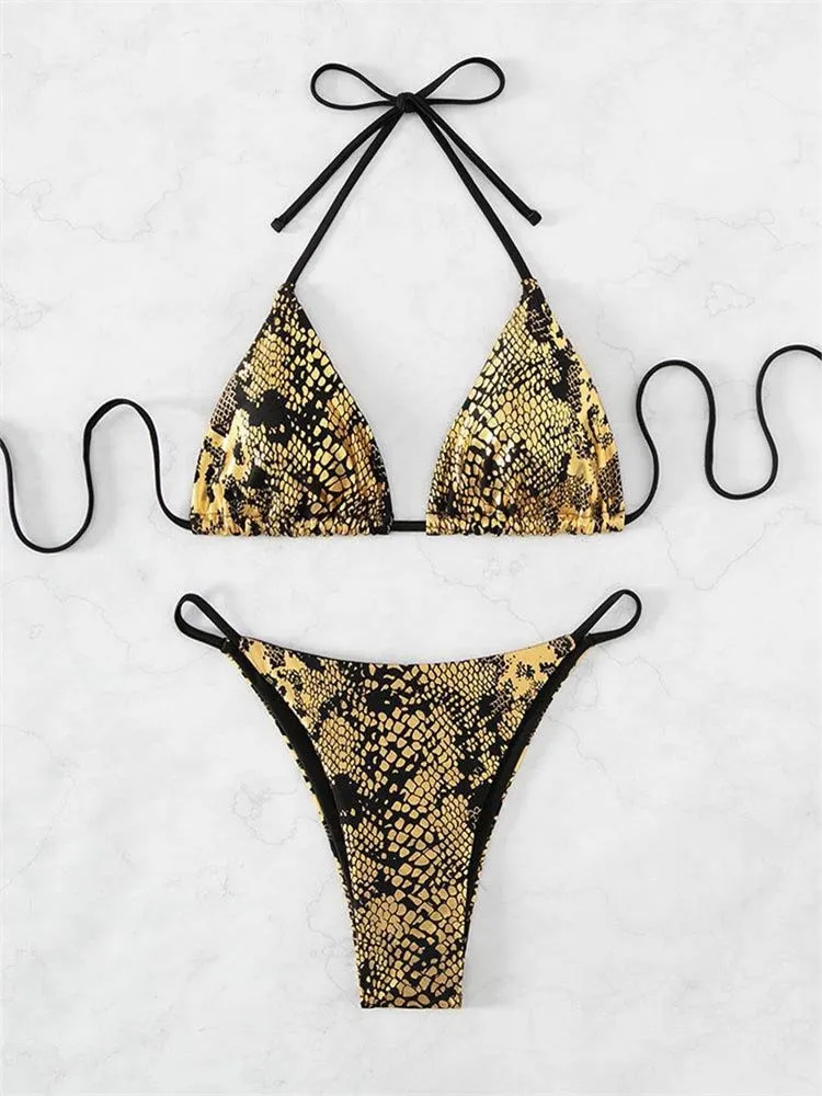 Gold Snakeskin Lace Bandage Push-Up Bikini<br>Madrid Big Buckle FL