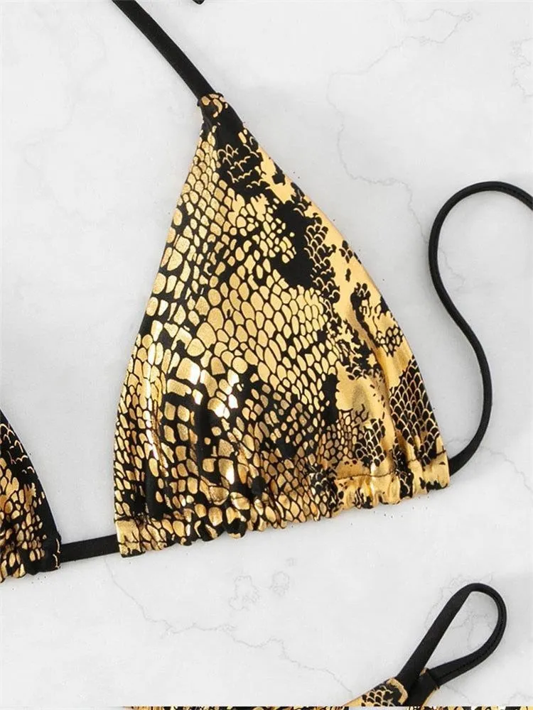 Gold Snakeskin Lace Bandage Push-Up Bikini<br>Madrid Big Buckle FL