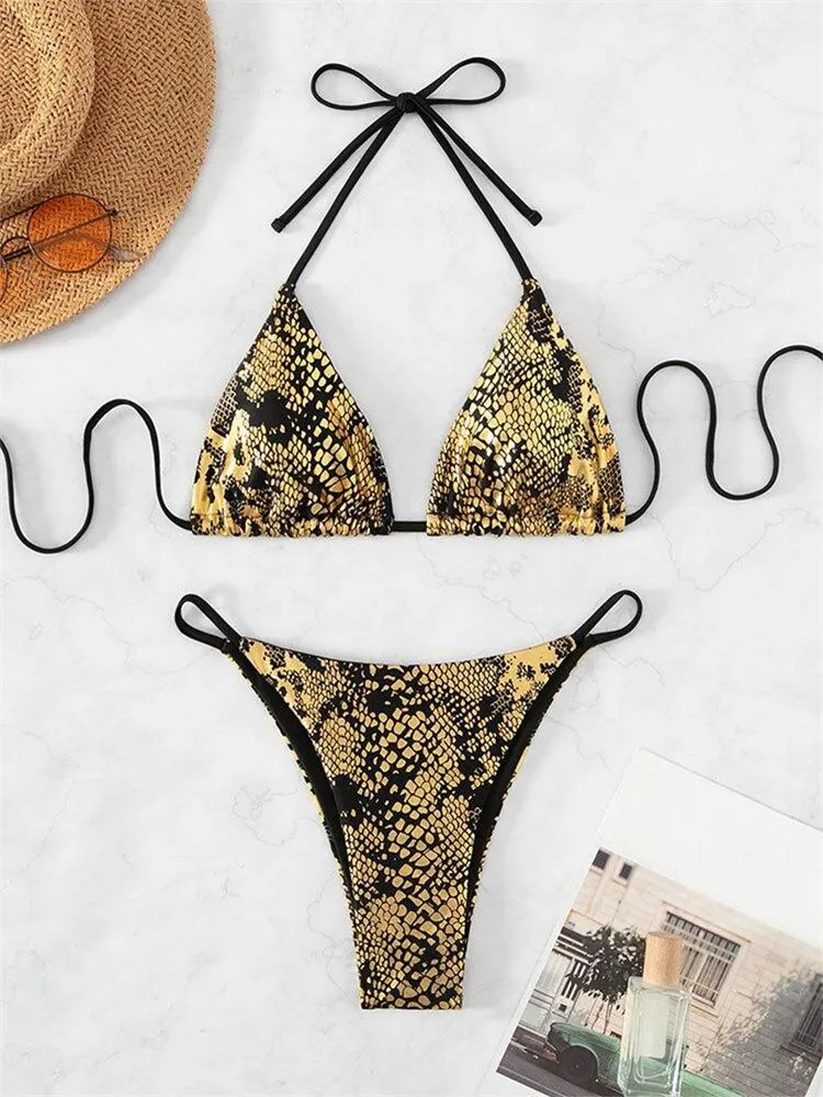 Gold Snakeskin Lace Bandage Push-Up Bikini<br>Madrid Big Buckle FL