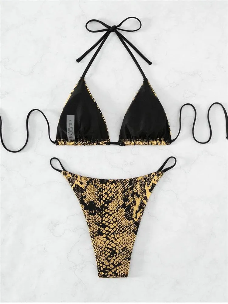 Gold Snakeskin Lace Bandage Push-Up Bikini<br>Madrid Big Buckle FL