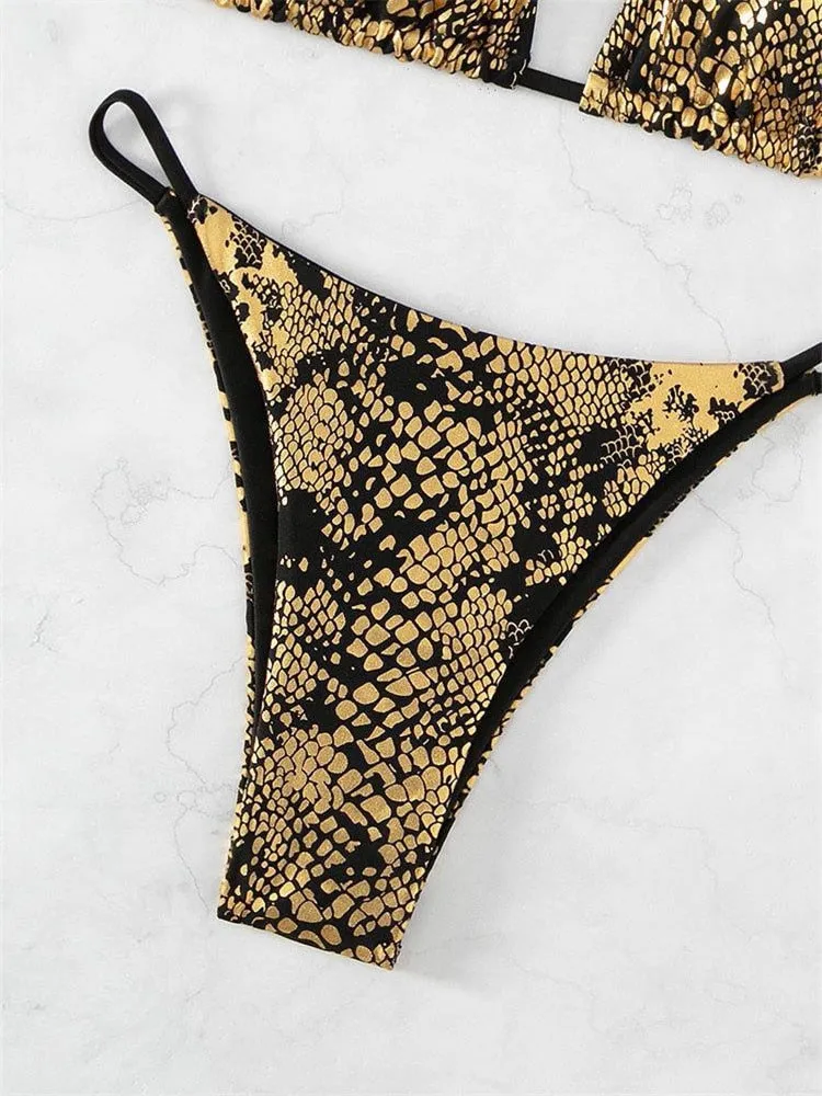 Gold Snakeskin Lace Bandage Push-Up Bikini<br>Madrid Big Buckle FL