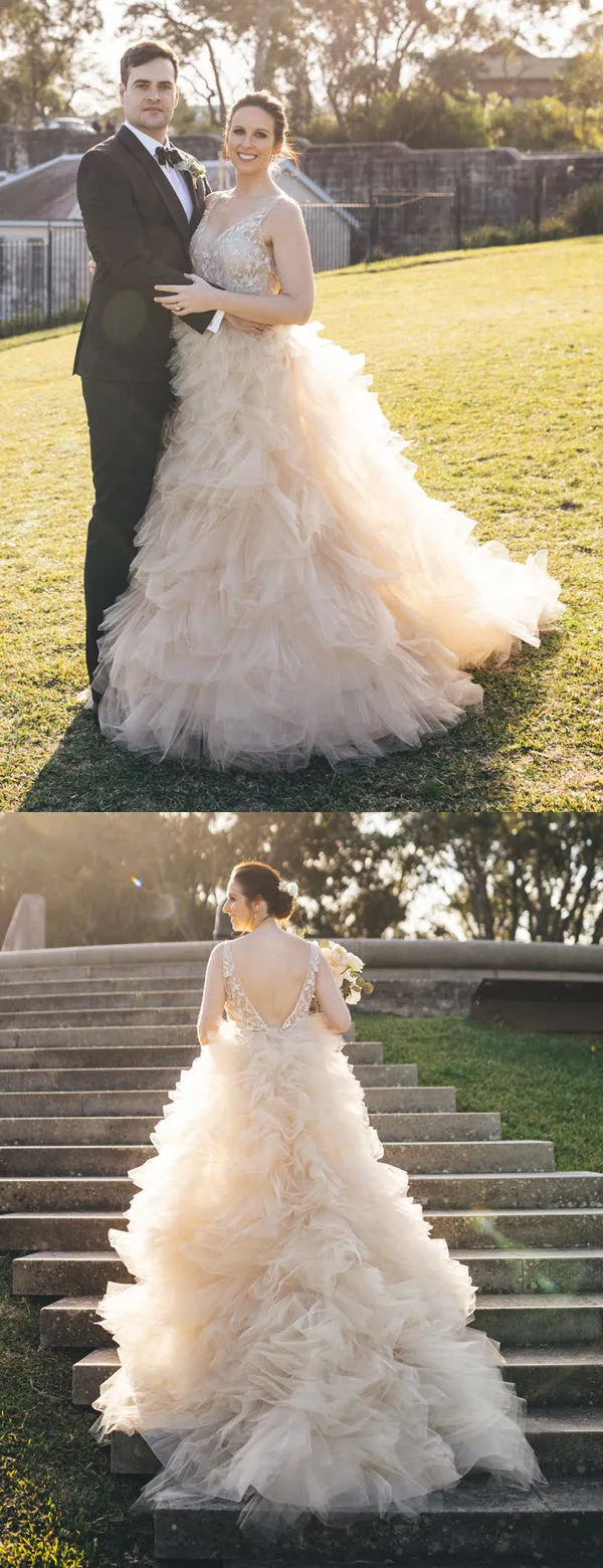 Lace V-neck Ruffles Tulle Ball Gown Wedding Dress