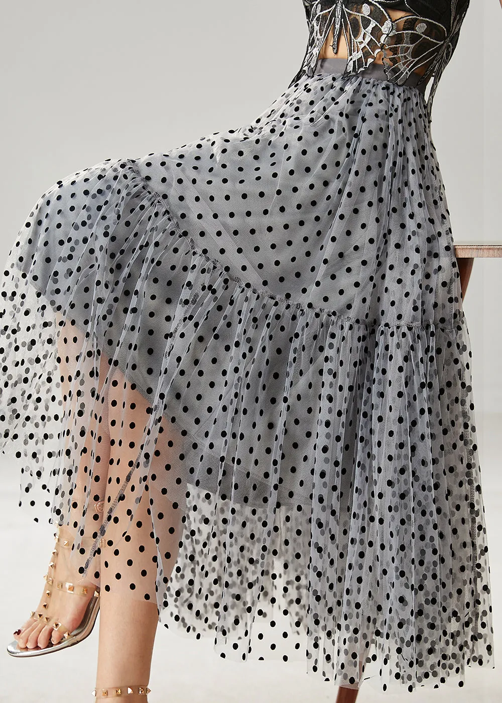 Grey Bohemian Dot Patchwork Tulle Skirt