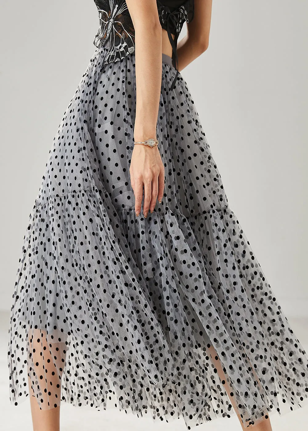 Grey Bohemian Dot Patchwork Tulle Skirt