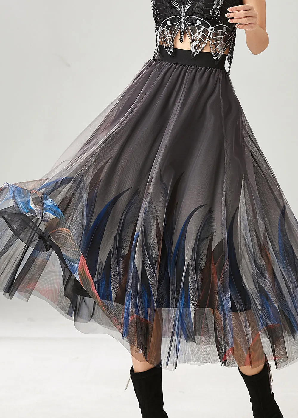 Grey Stylish Feather Print Tulle Skirt