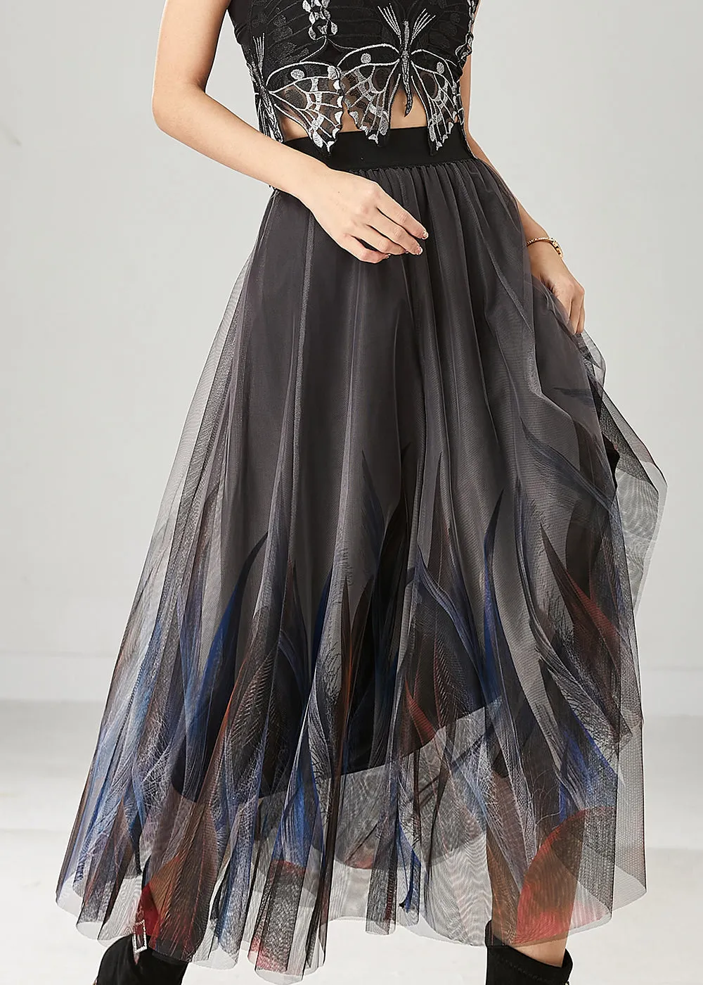 Grey Stylish Feather Print Tulle Skirt