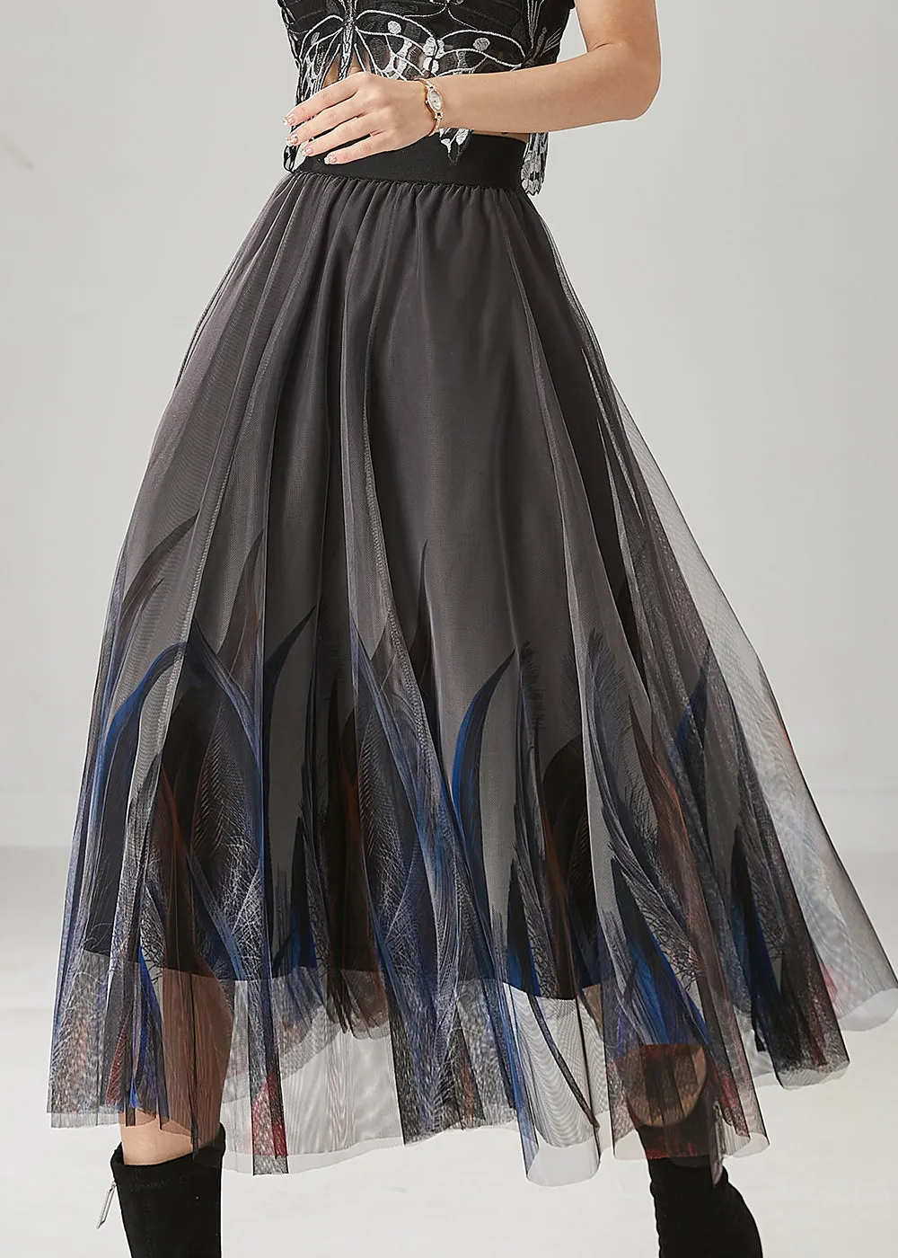 Grey Stylish Feather Print Tulle Skirt