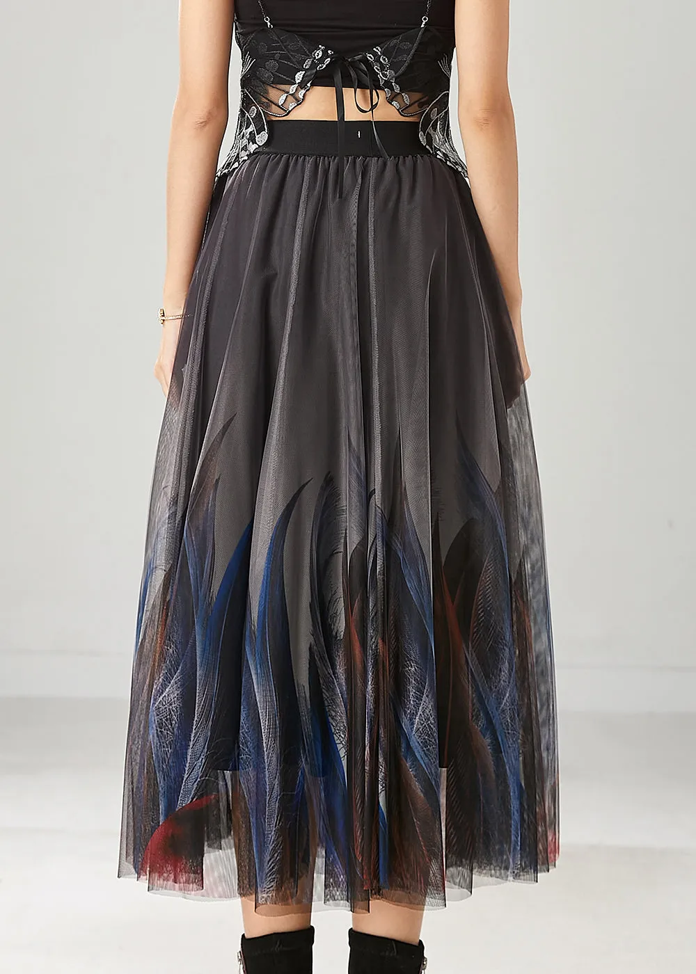 Grey Stylish Feather Print Tulle Skirt