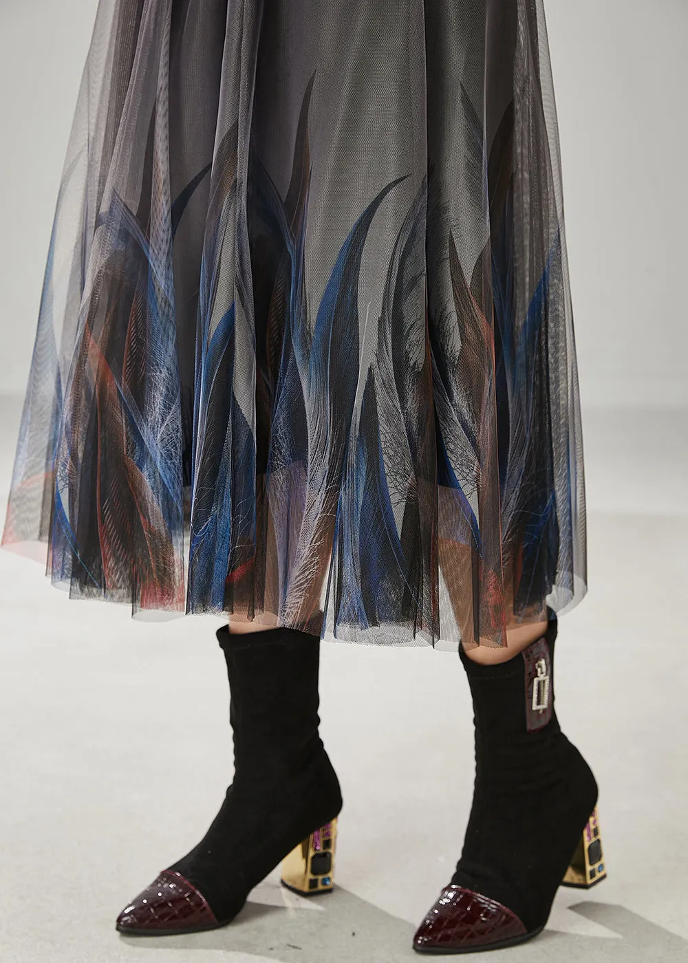 Grey Stylish Feather Print Tulle Skirt