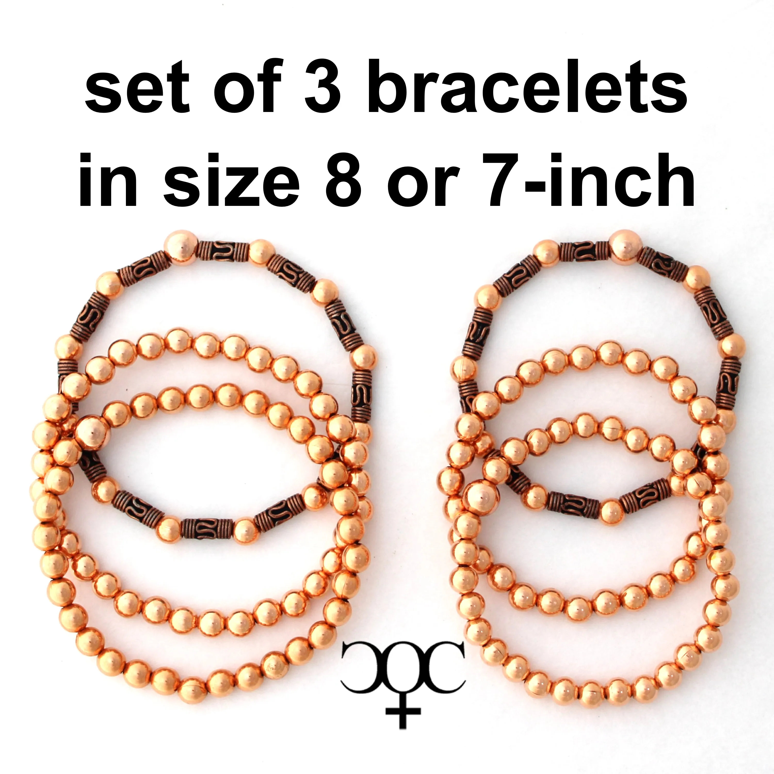 Set of 3 Copper Beaded Bracelets Elastic Vintage Round Style