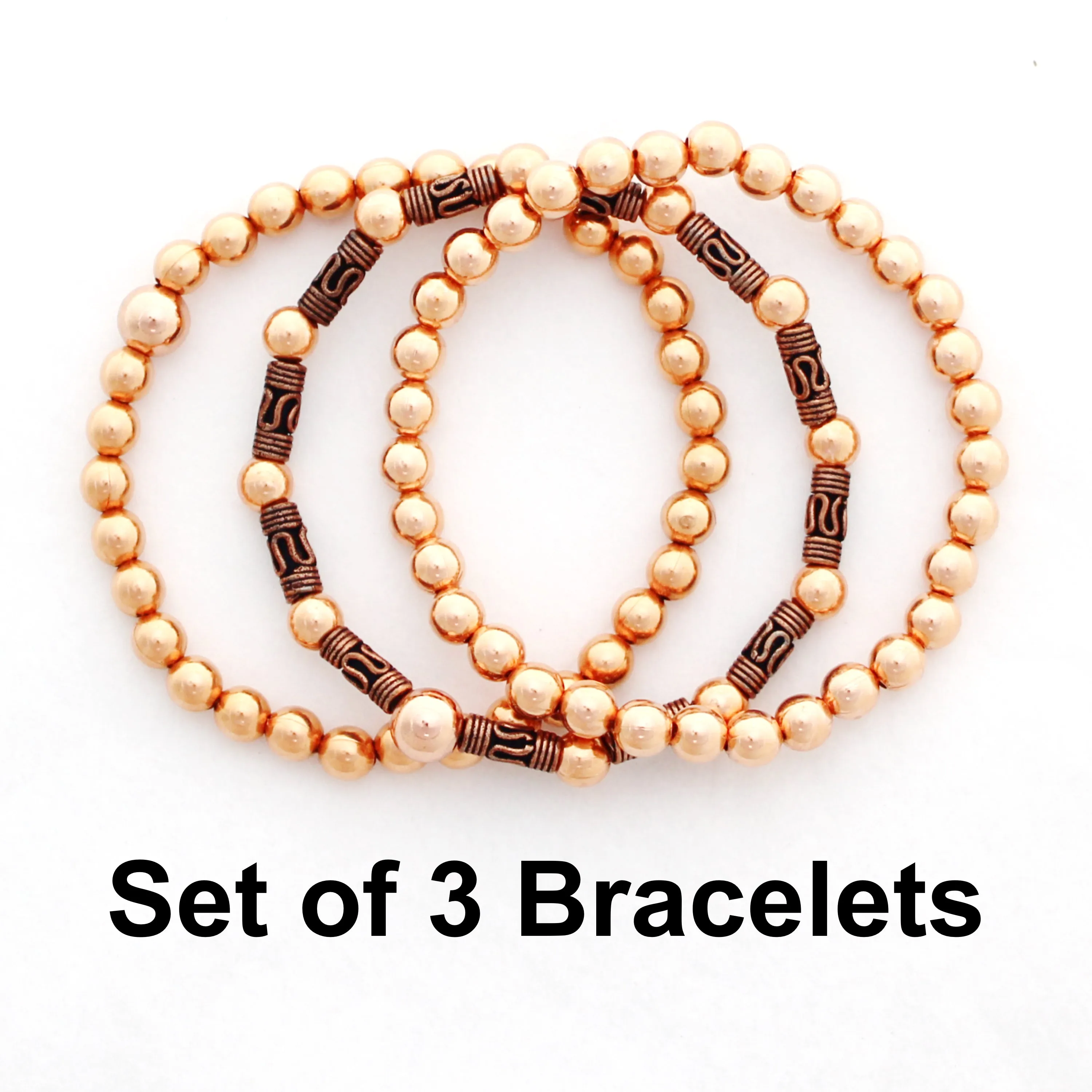 Set of 3 Copper Beaded Bracelets Elastic Vintage Round Style