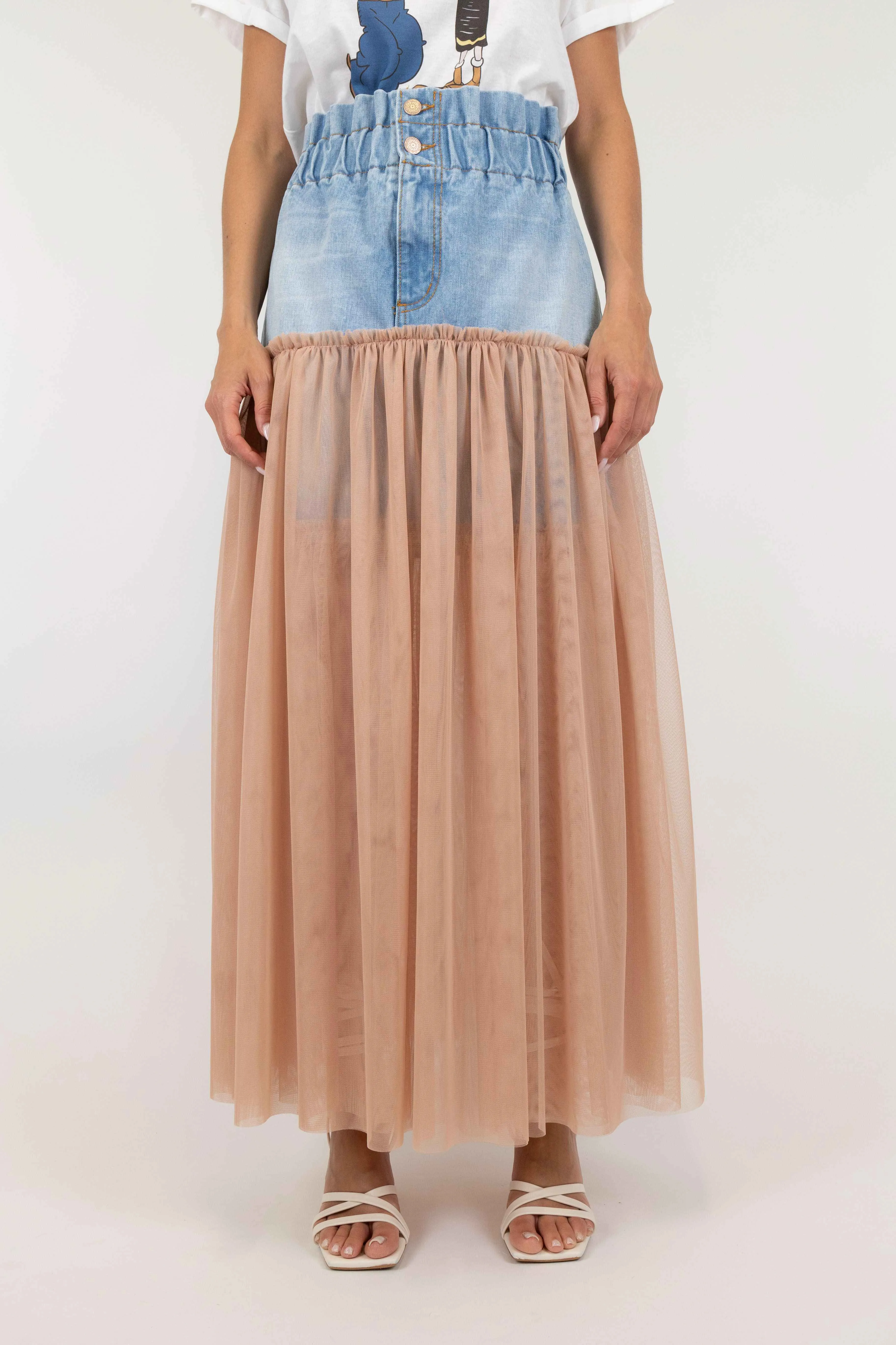 High-Waisted Denim and Tulle Skirt