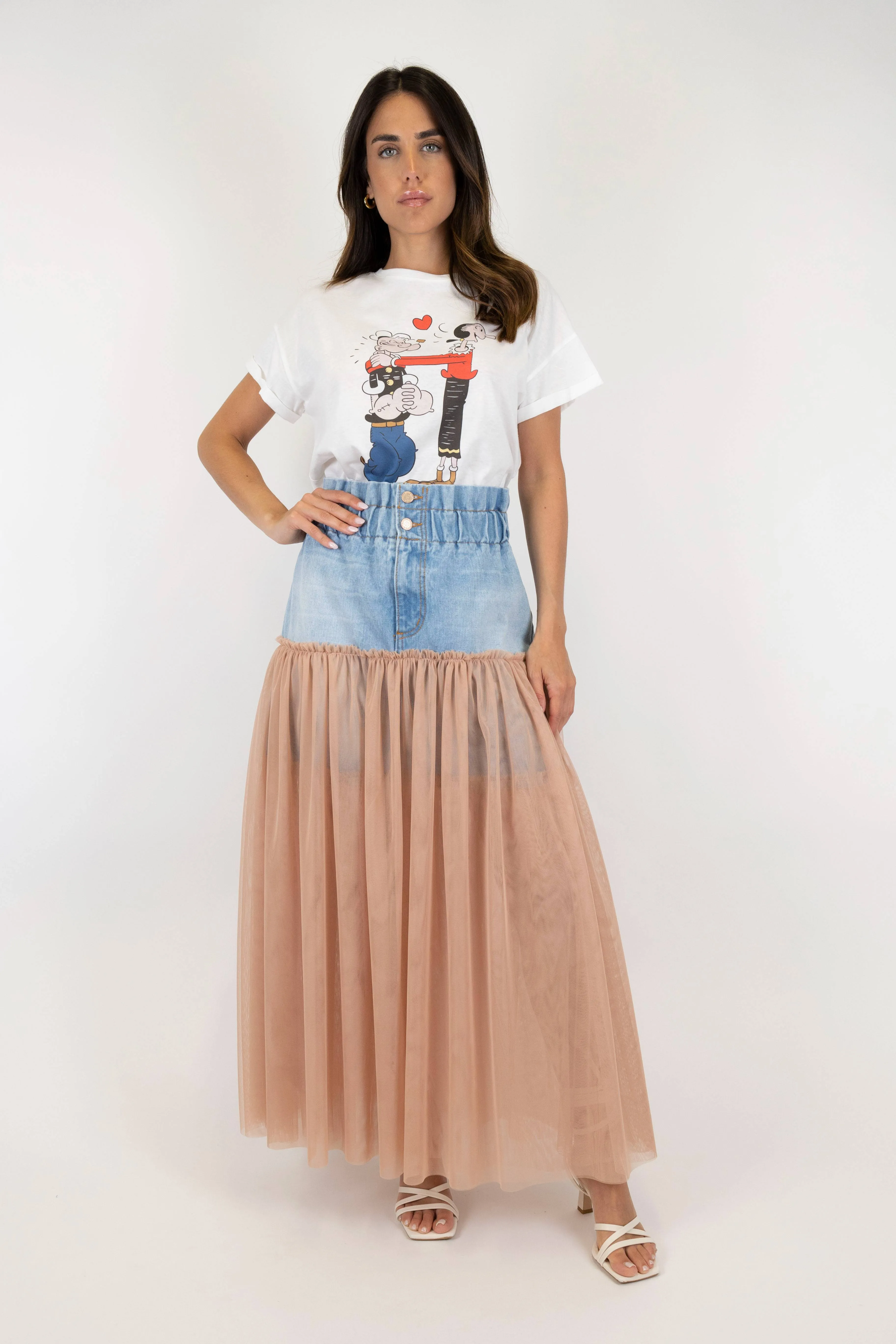 High-Waisted Denim and Tulle Skirt