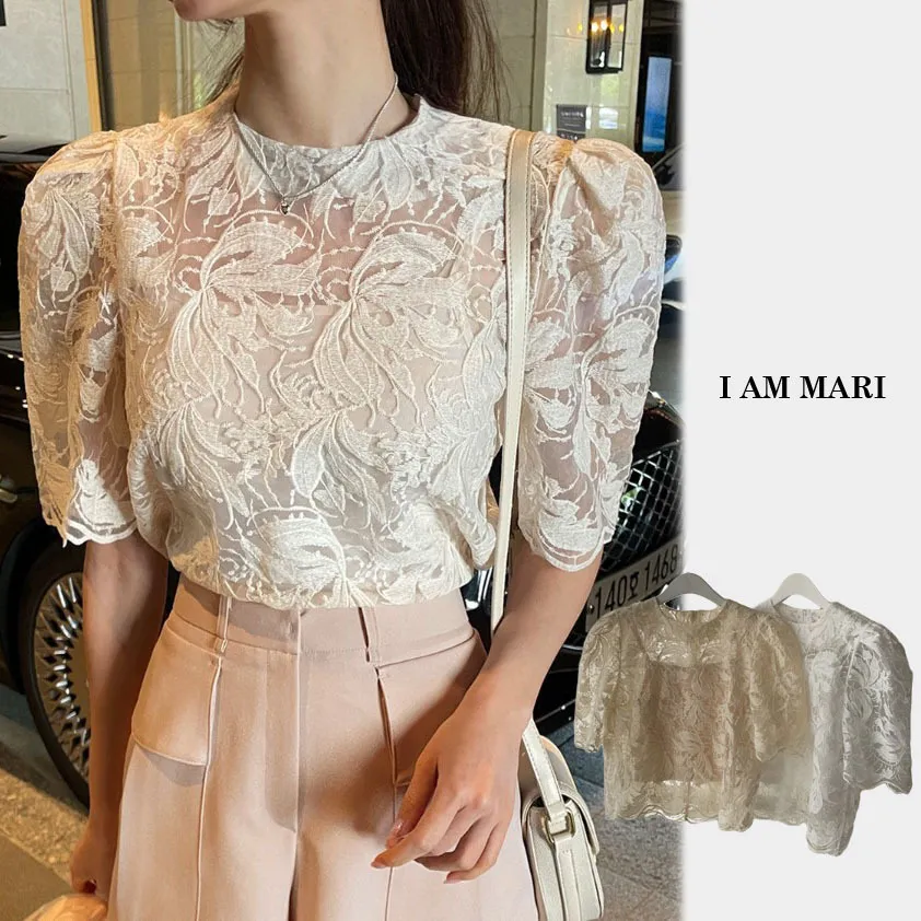 I AM MARI Flower Patterns Casual Short Sleeves Party Lace Top