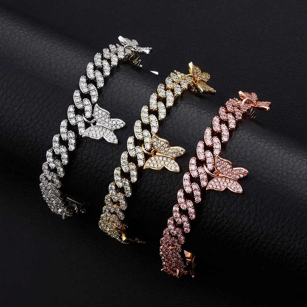 Butterfly Hip Hop Style Miami Cuban Bracelet with Iced Cubic Zirconia for Unisex