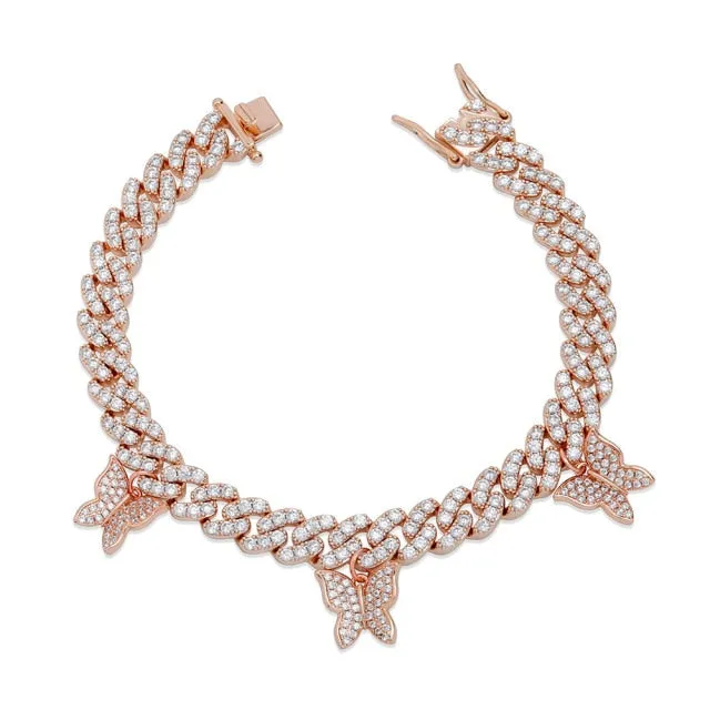 Butterfly Hip Hop Style Miami Cuban Bracelet with Iced Cubic Zirconia for Unisex