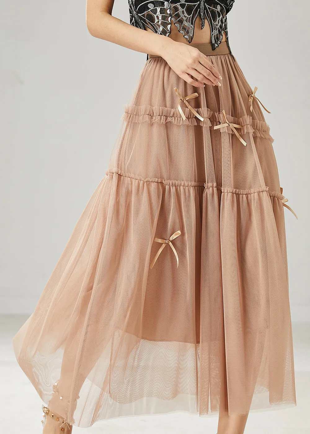 Khaki Bow Ruffled Tulle Skirt Summer