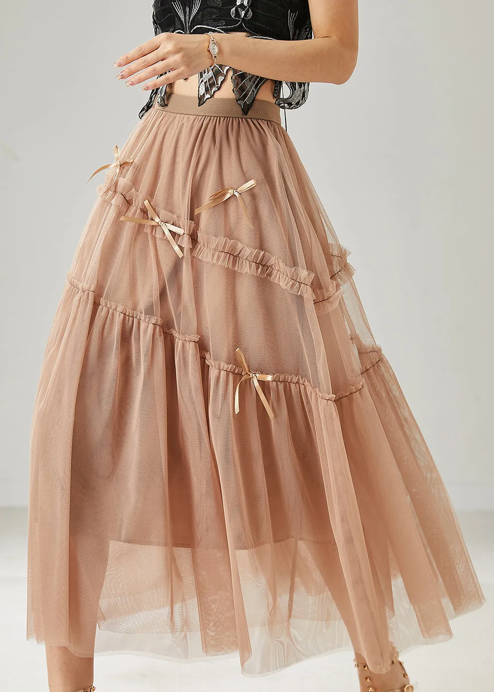 Khaki Bow Ruffled Tulle Skirt Summer