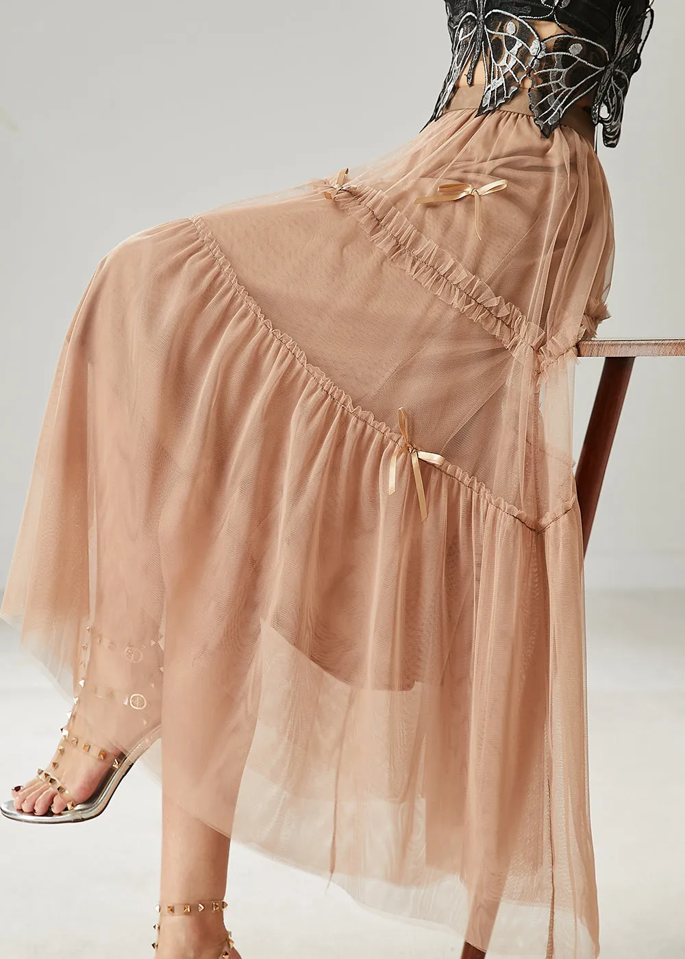 Khaki Bow Ruffled Tulle Skirt Summer