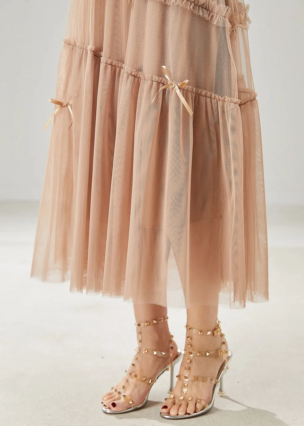 Khaki Bow Ruffled Tulle Skirt Summer