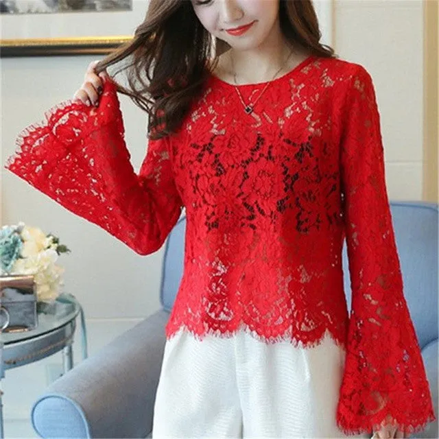 Korean Style Lace Blouses with Speaker Sleeves and Wrapped Chest