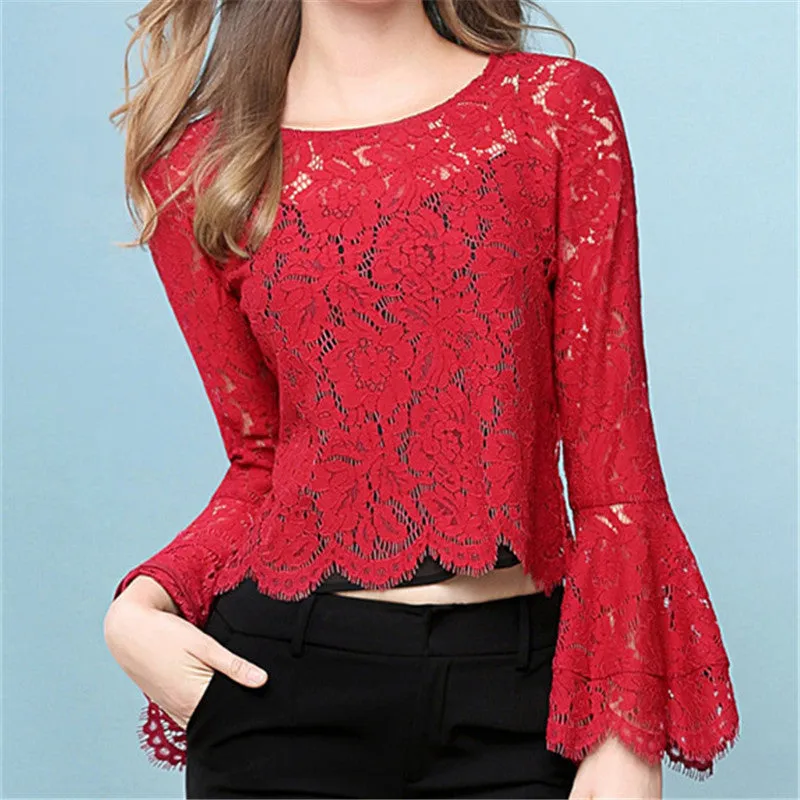 Korean Style Lace Blouses with Speaker Sleeves and Wrapped Chest