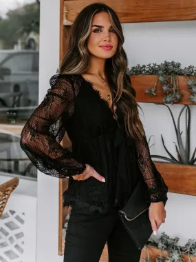 Lace Women's Blouses in Black and White with Sexy V-Neck and Long Sleeves