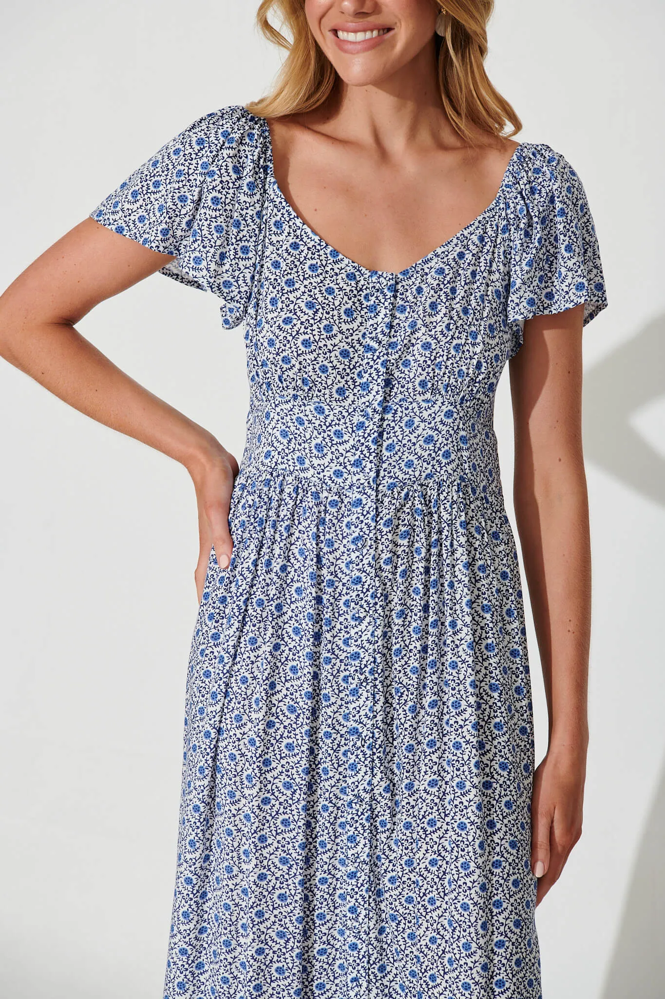 Lawrent Midi Dress In Blue Floral Tile Print