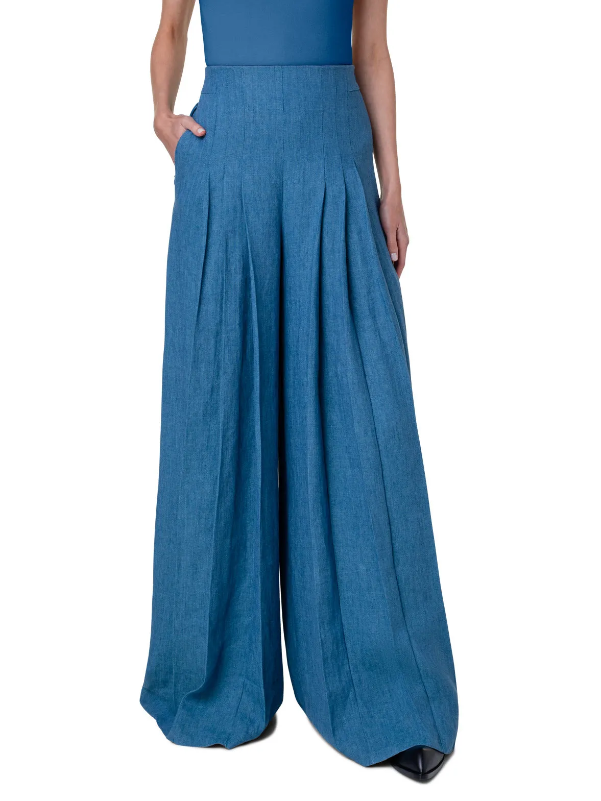 Linen Gabardine Wide Pleated Pants