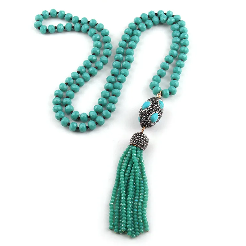 Long Tassel Necklace with Seafoam Green Crystal Turquoise Micro-Pave