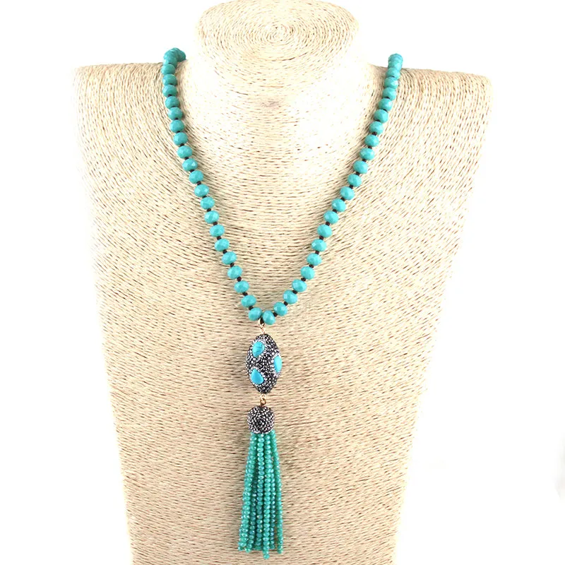 Long Tassel Necklace with Seafoam Green Crystal Turquoise Micro-Pave