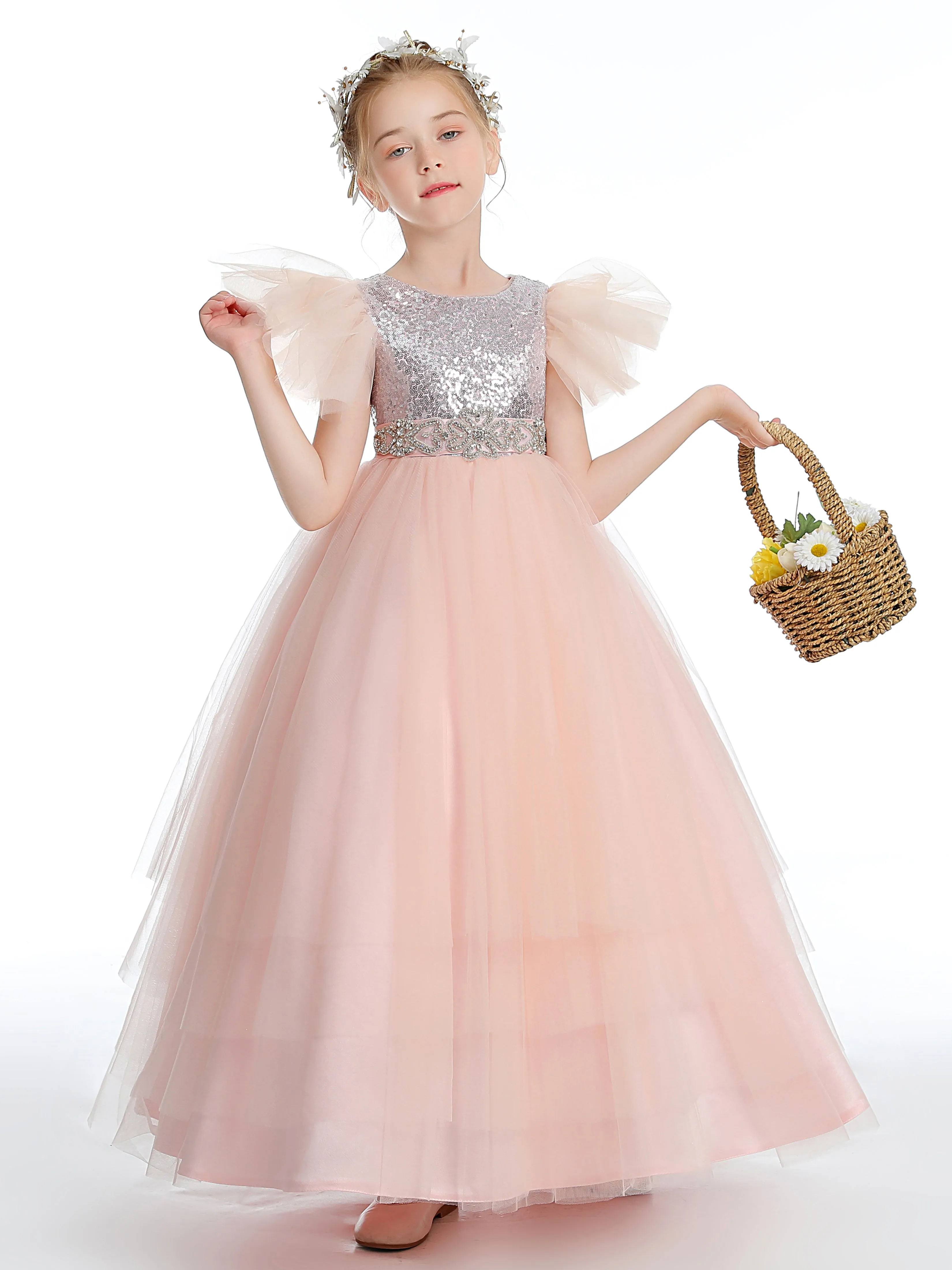 Long Sequin Tulle Trapeze Dress for Girls