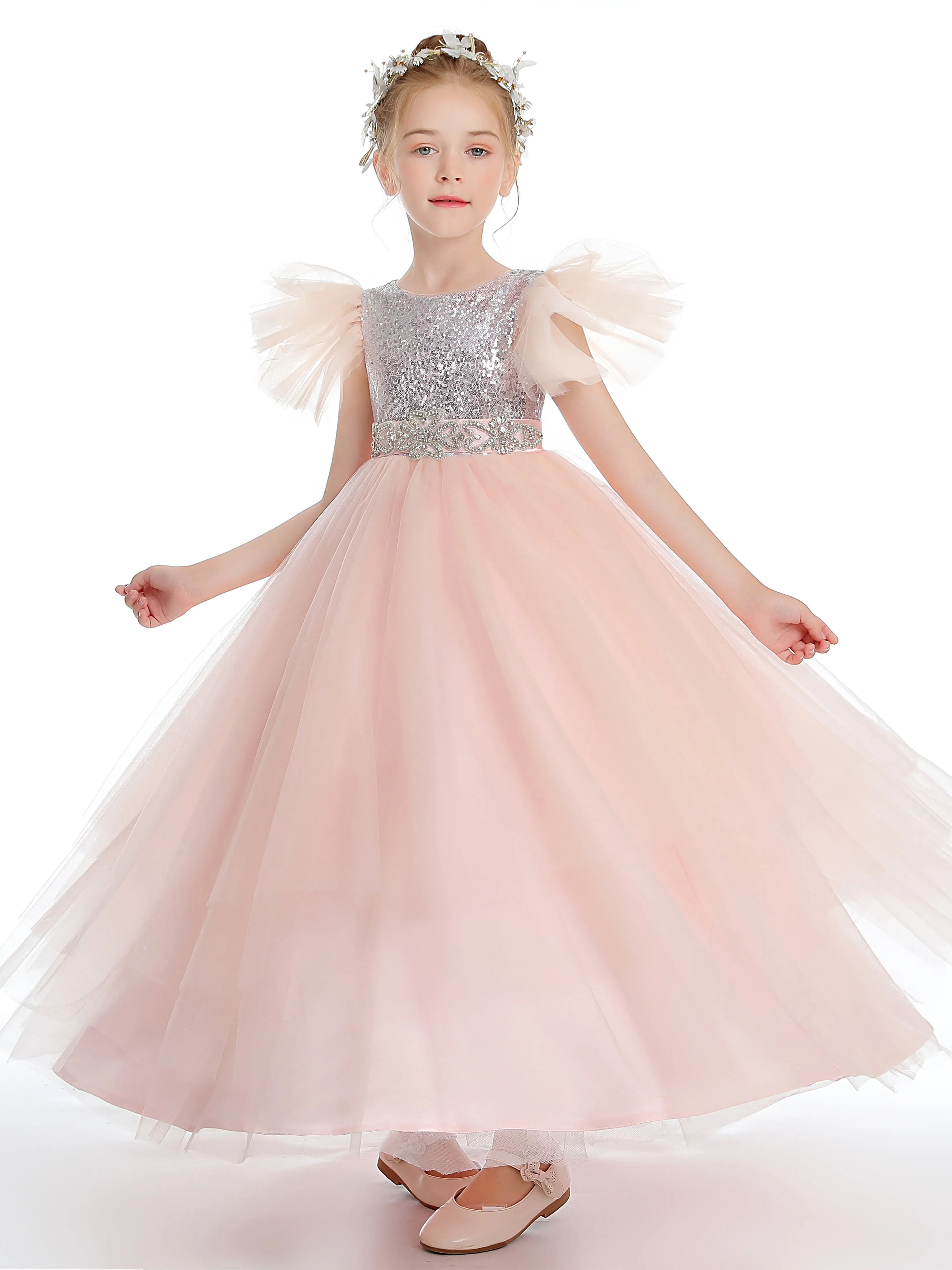 Long Sequin Tulle Trapeze Dress for Girls